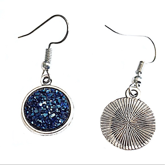 Silver Tone Dark Blue Druzy Earrings - Picture 2 of 6